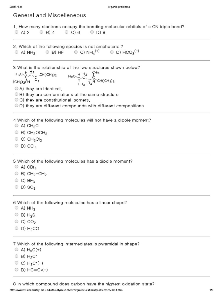 Organic Problems1 Chemical Reactions Chemical Bond