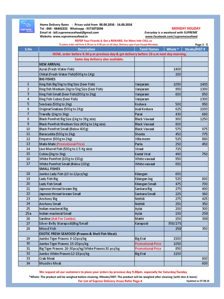 Price List Shellfish Seafood
