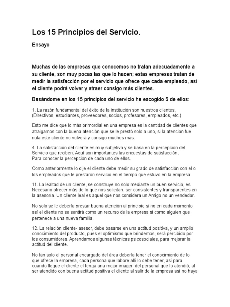 Los 15 Principios Del Servicio Ensayo Pdf Servicio Al Cliente