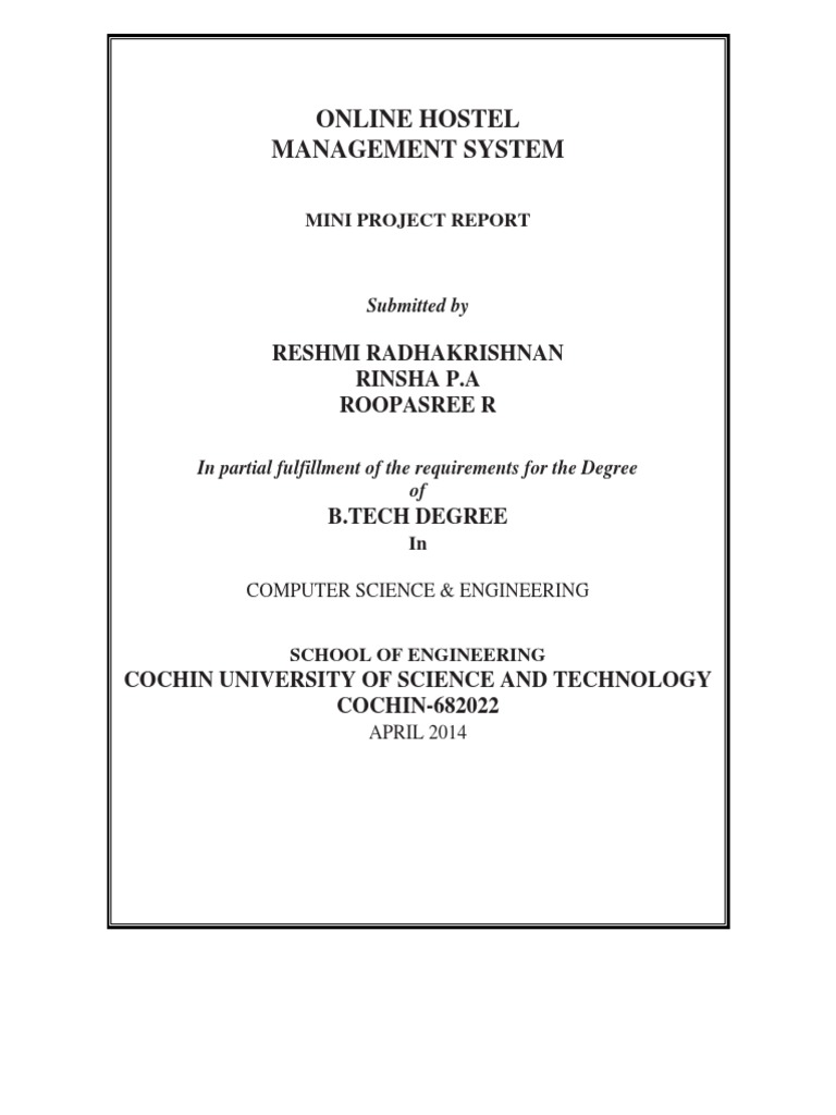 Online Hostel Management System Report | PDF | Unit Testing | Databases