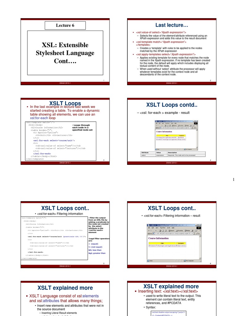 XSL Extensible Stylesheet Language Cont . XSLT Loops XSLT Loops Contd