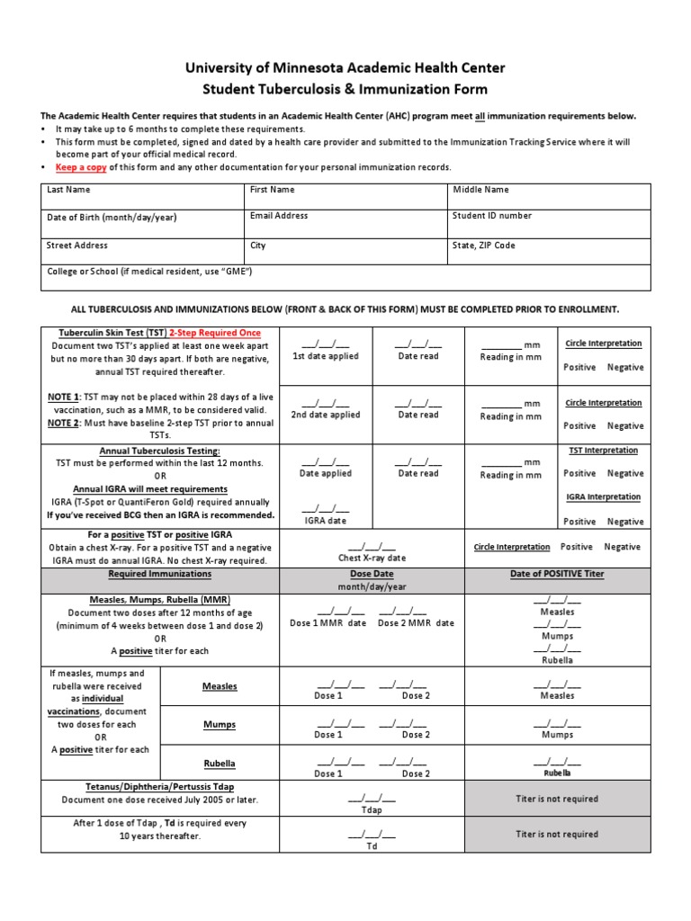 University of Minnesota Academic Health Center Student Tuberculosis ...