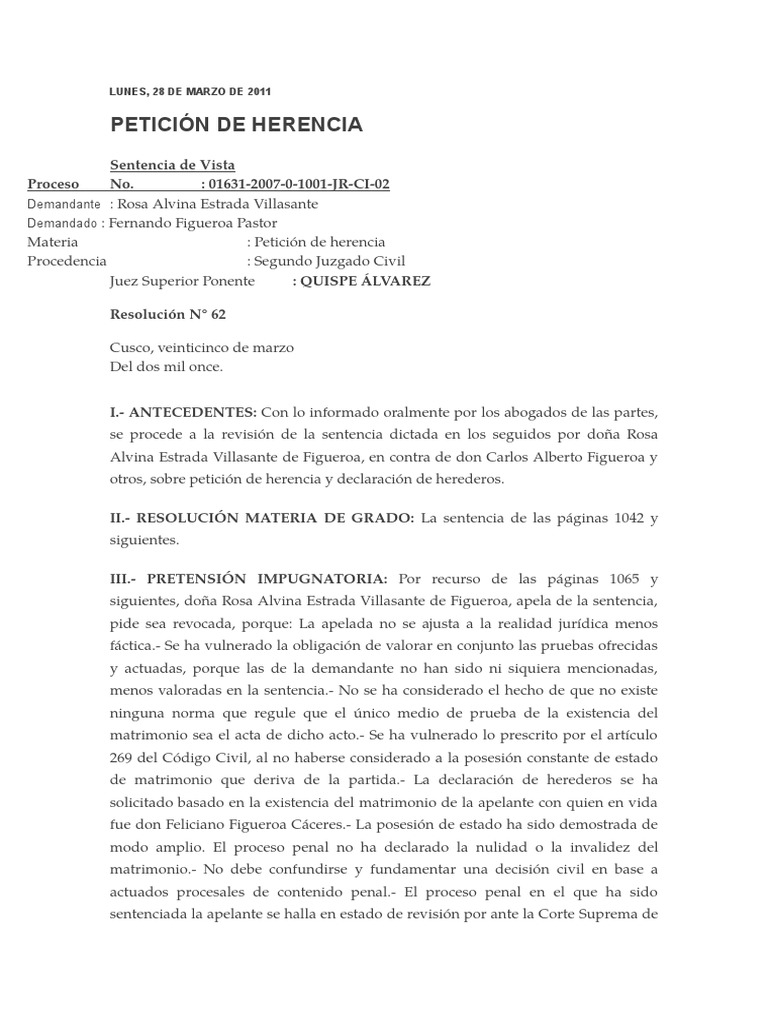 Peticion de Herencia FAMILIA. Ley procesal Res Judicata Prueba