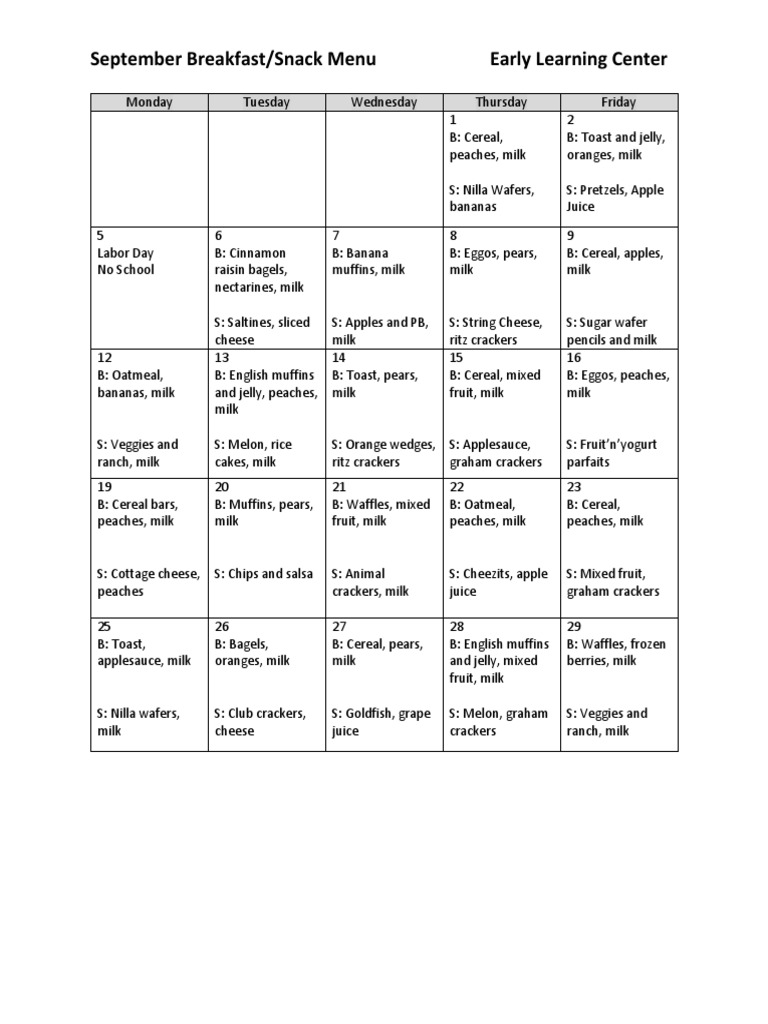 September Milk Menu for Kids | PDF