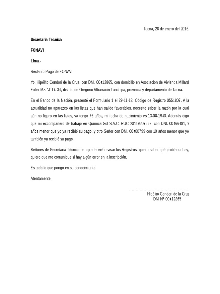 Modelo de Solicitud de Fonavistas PDF