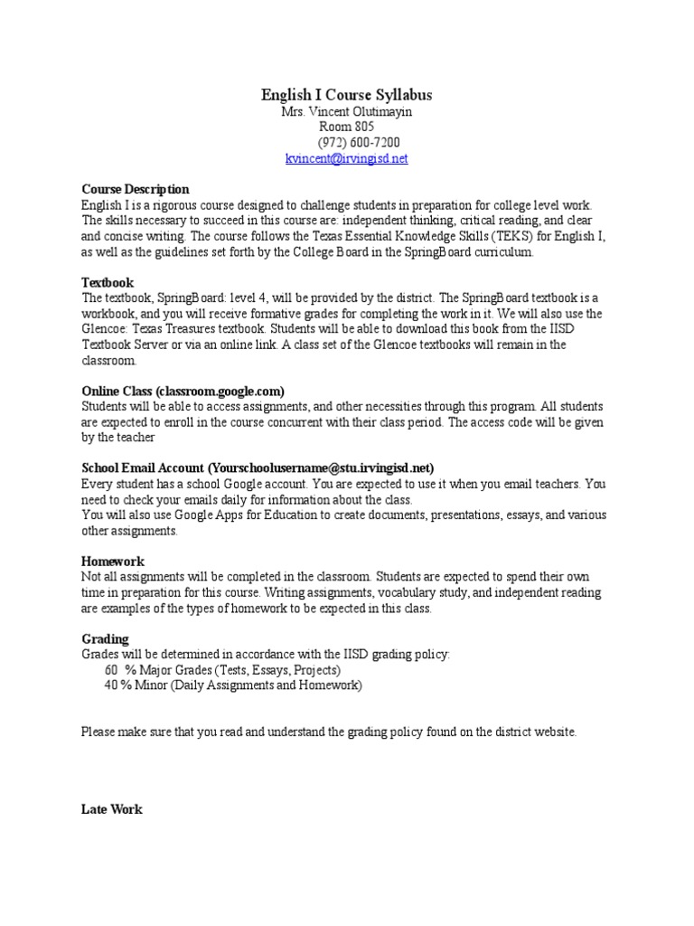 Eng 1 Coursesyllabus | PDF | Homework | Textbook