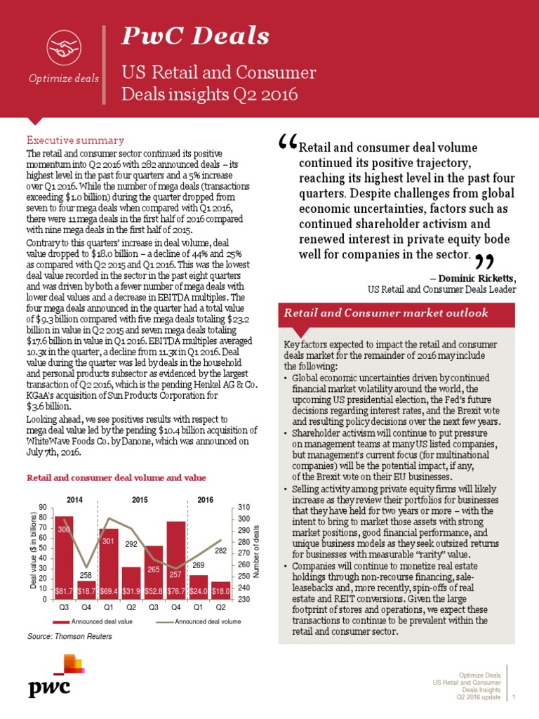 Pwc Deals Retail Consumer Insights q2 2016 Mergers And Acquisitions