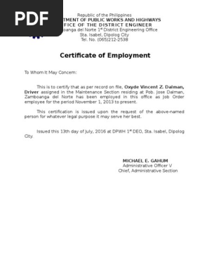 Certificate of Employment 