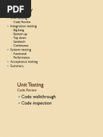 Unit Testing Integration Testing: Code Review Big Bang Bottom Up Top Down Sandwich Continuous Functional Performance