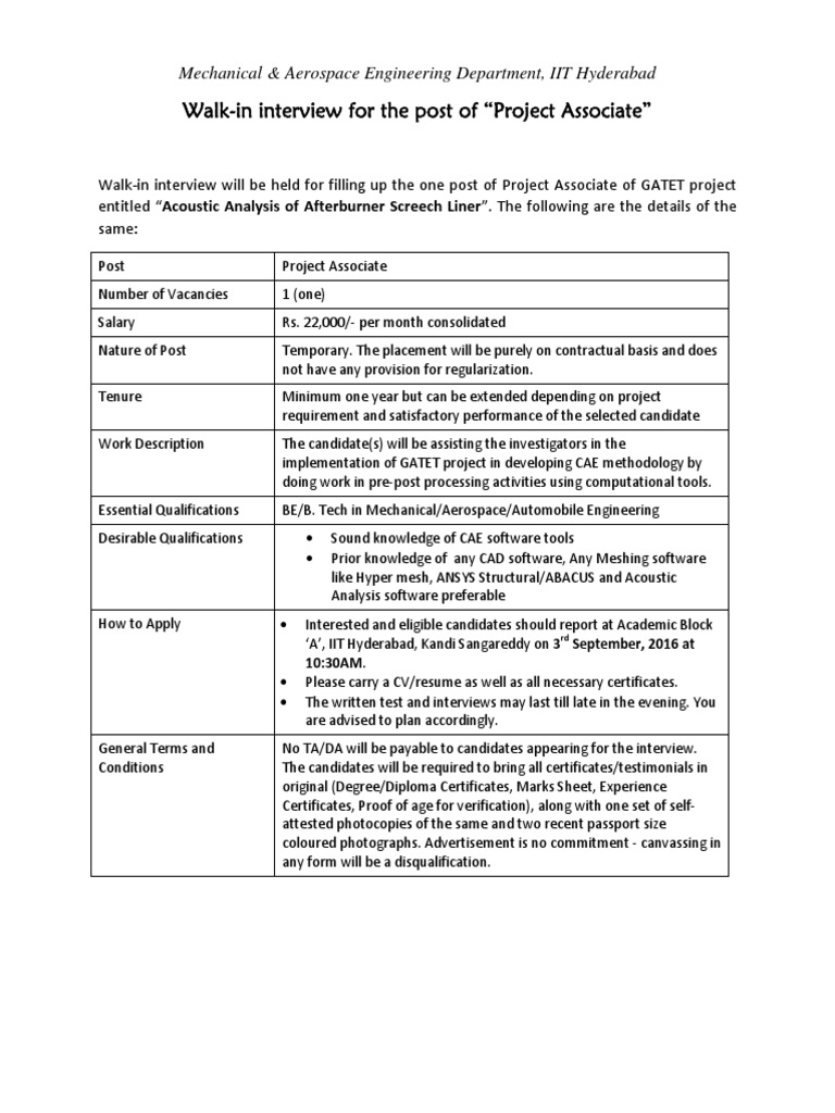 Project Associate Interview at IIT Hyderabad | PDF