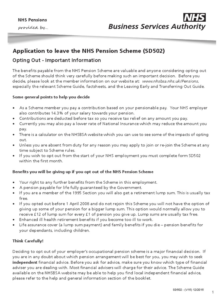 Nhs Pension Opt Out >> Sd502 V15 12 2015 National Health Service England Nhs Pension Opt Out >> Sd502 V15 12 2015 National Health Service England