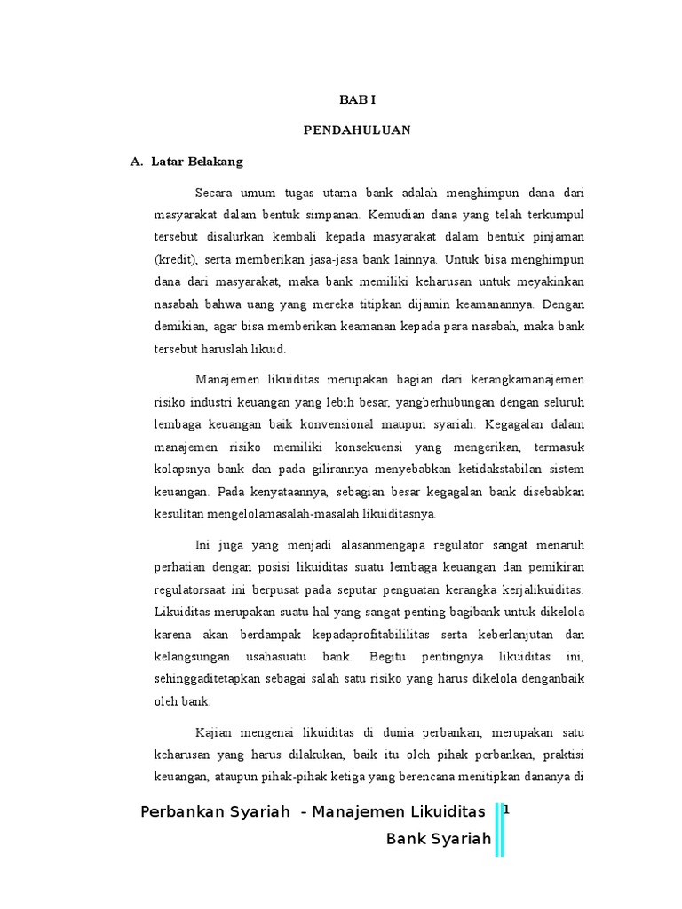 Bab I Pendahuluan A Latar Belakang Perbankan Syariah Manajemen Likuiditas Bank Syariah