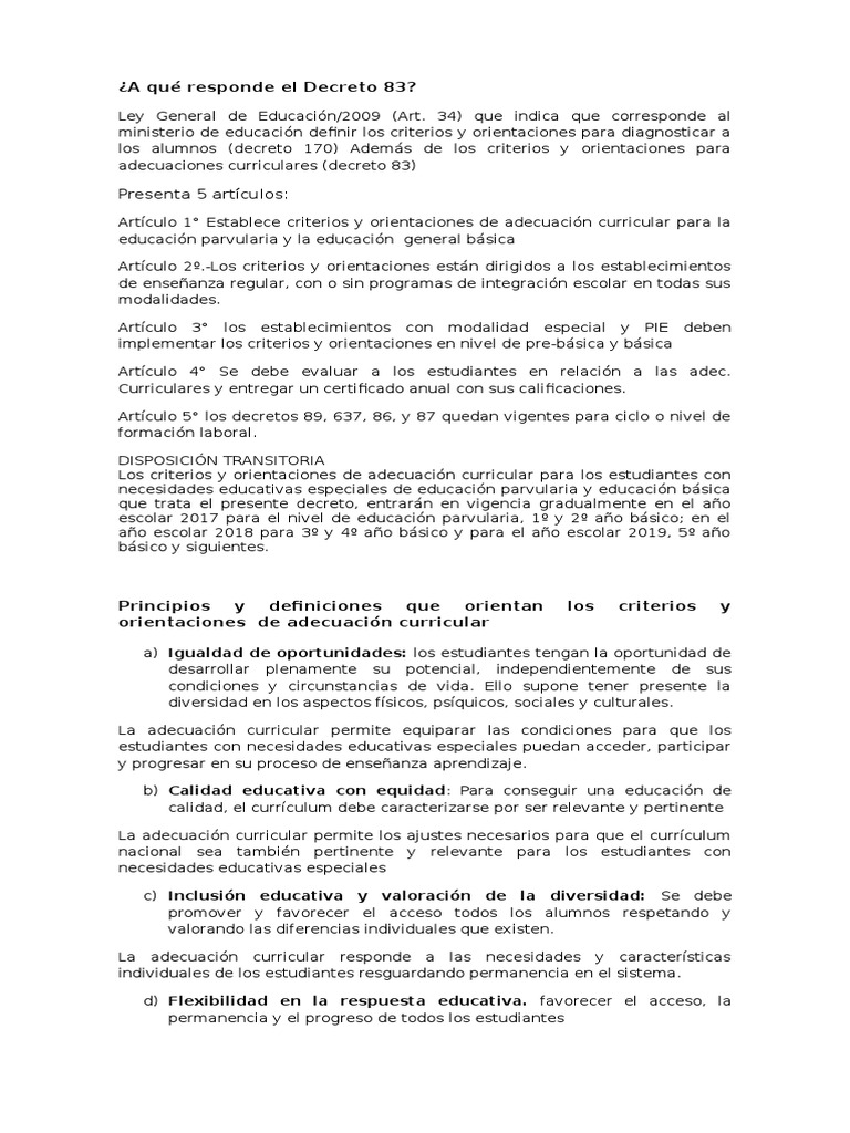Adecuaciones Curriculares Decreto 83 | PDF | Plan de estudios | Jardín ...