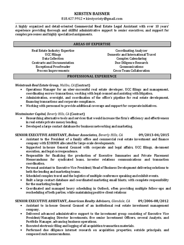 Commercial Real Estate Legal Assistant in Los Angeles CA Resume Kirsten