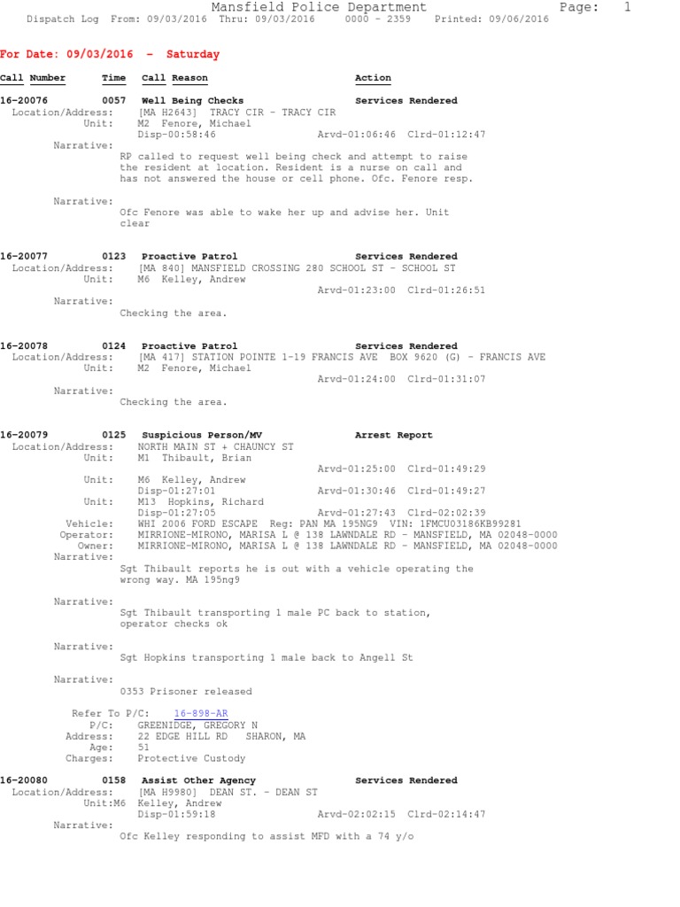 Mansfield Police Dispatch Log 09/03/2016 | PDF | Vehicles | Land Vehicles