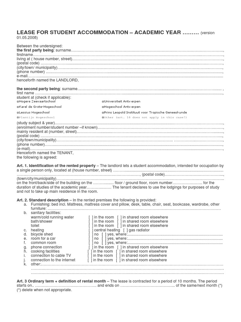 Lease For Student Accommodation - Academic Year : The First Party Being ...