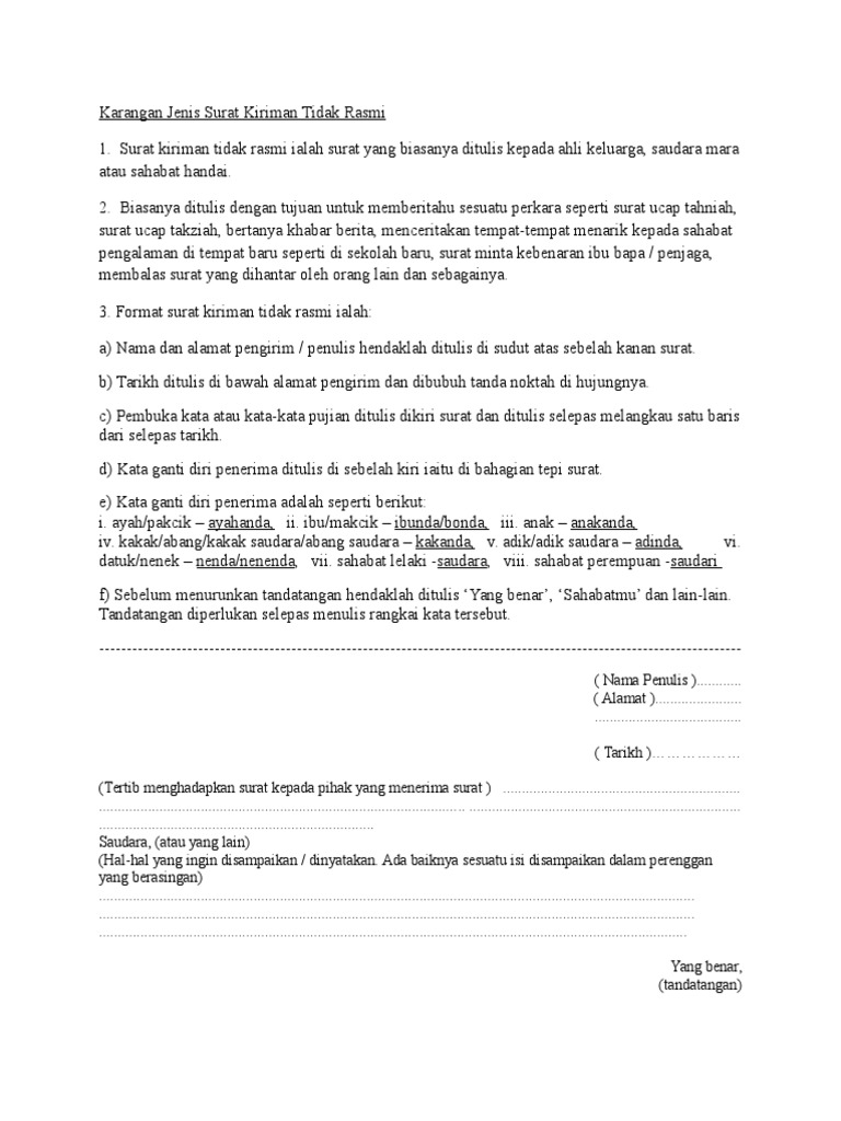 Karangan Surat Kiriman Tidak Rasmi Pdf