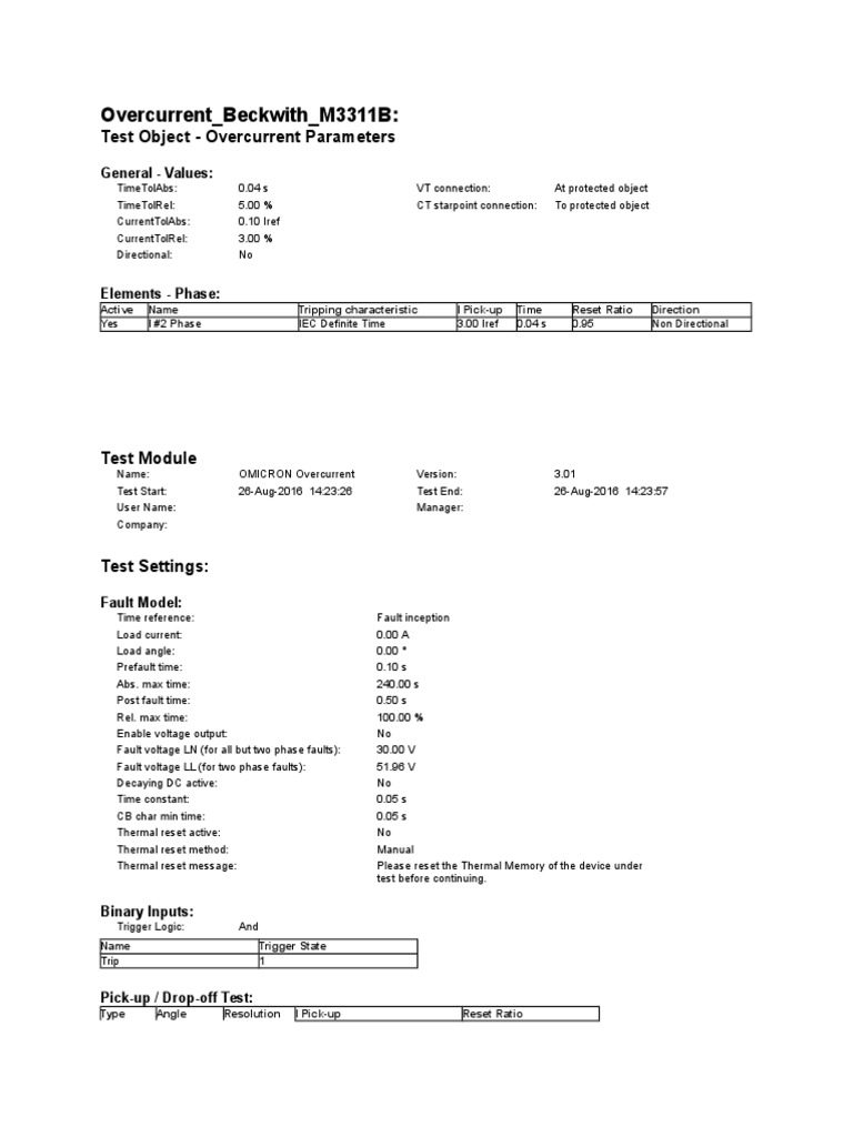 Overcurrent Test Results for Beckwith M3311B | PDF