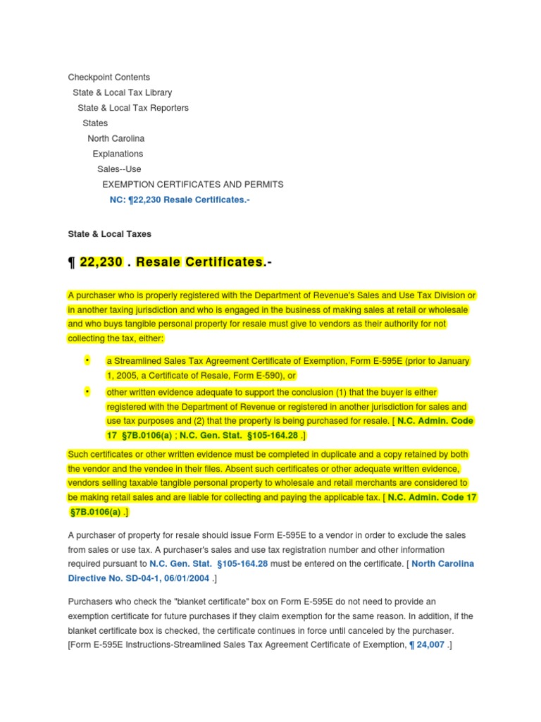 Explanations NC 22 230 Resale Certificates Use Tax Sales Taxes In