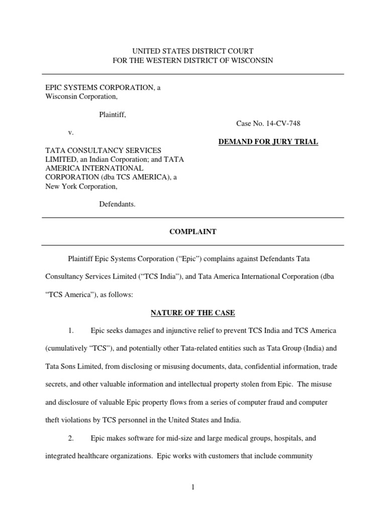 Epic Tata Complaint Download Free PDF Trade Secret Damages