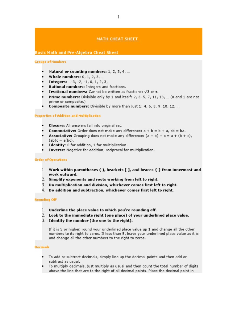 Math Cheat Sheet: Basics & Operations | PDF | Trigonometric Functions ...