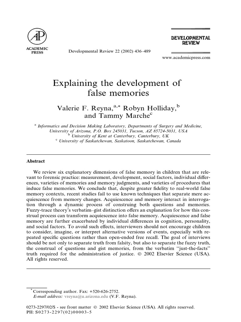 Explaining The Development of False Memories 2002 Developmental Review ...