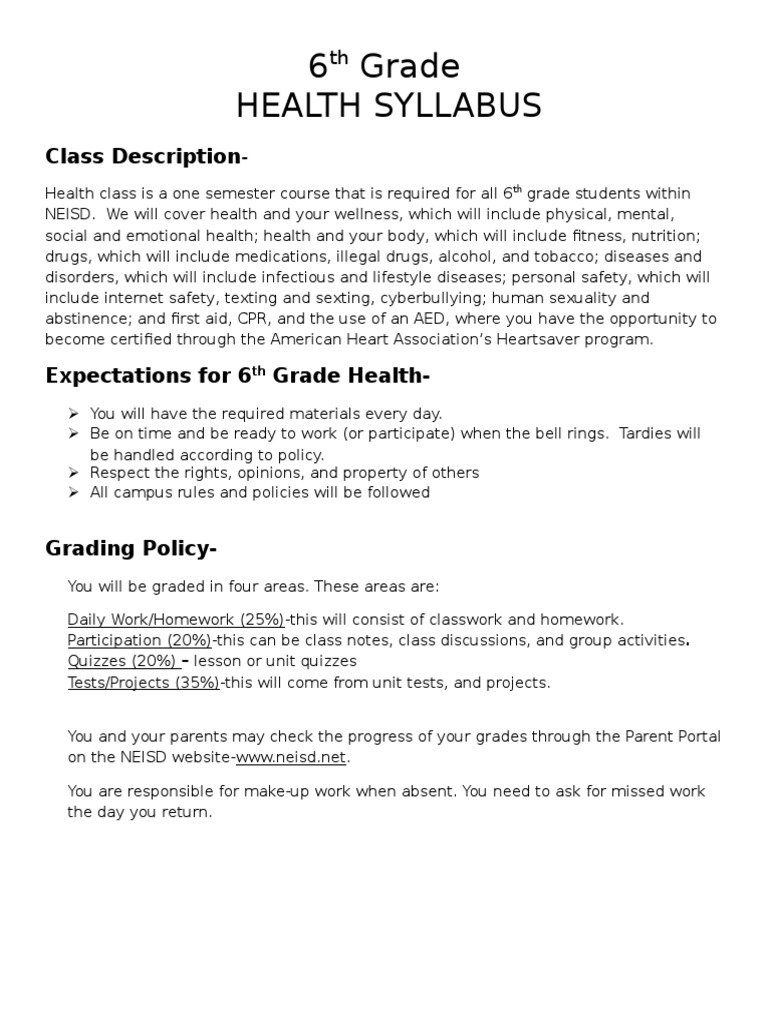6th Grade Health Class Syllabus | PDF | Wellness | Lifestyle