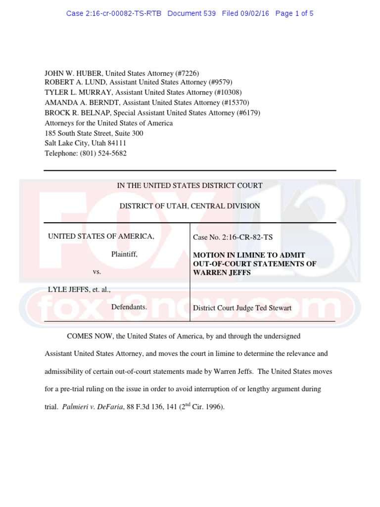 Warren Jeffs Motion in Limine PDF Hearsay Hearsay In United