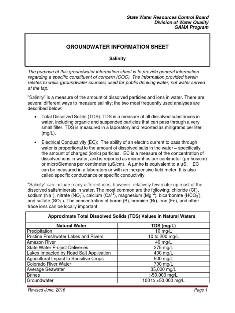 Groundwater Information Sheet: Salinity | Download Free PDF | Water ...