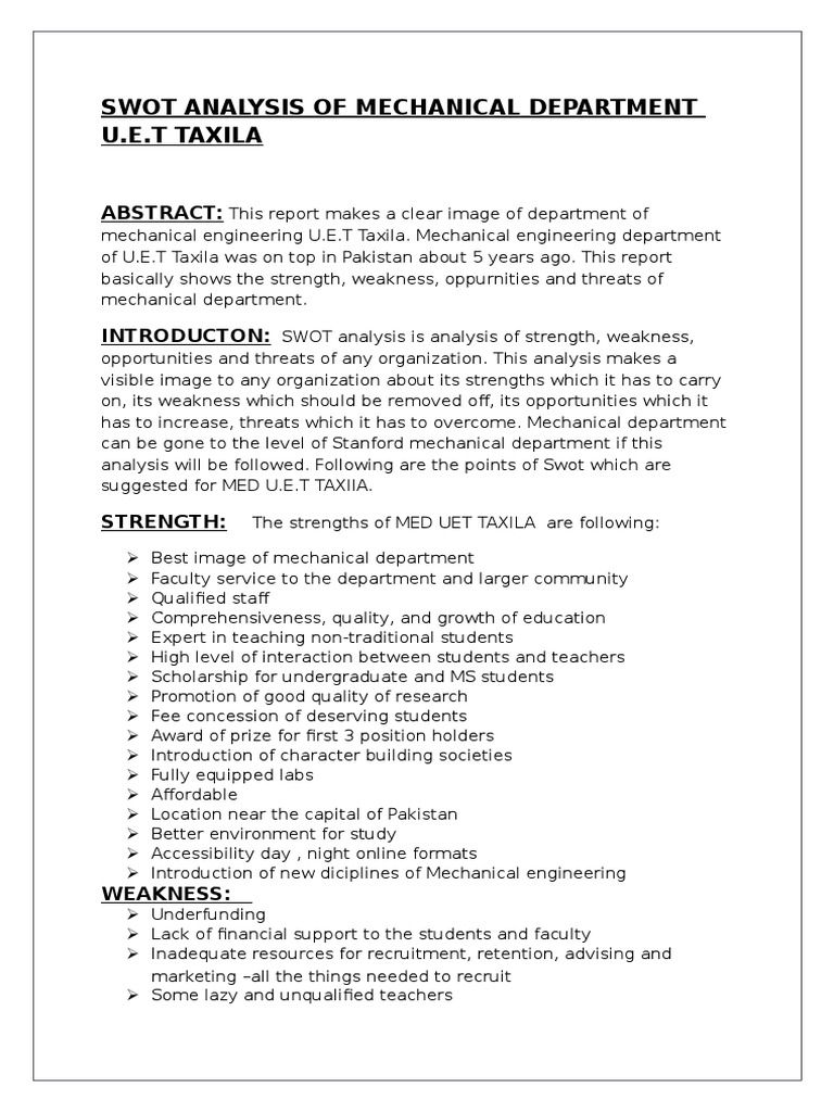 SWOT ANALYSIS EXAMPLE FOR MAINTENANCE DEPARTMENT intelligence overview