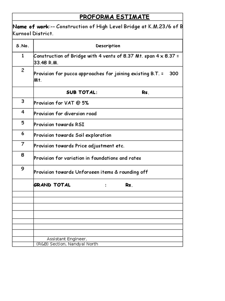 Proforma Estimate for Bridge Construction | PDF | Business