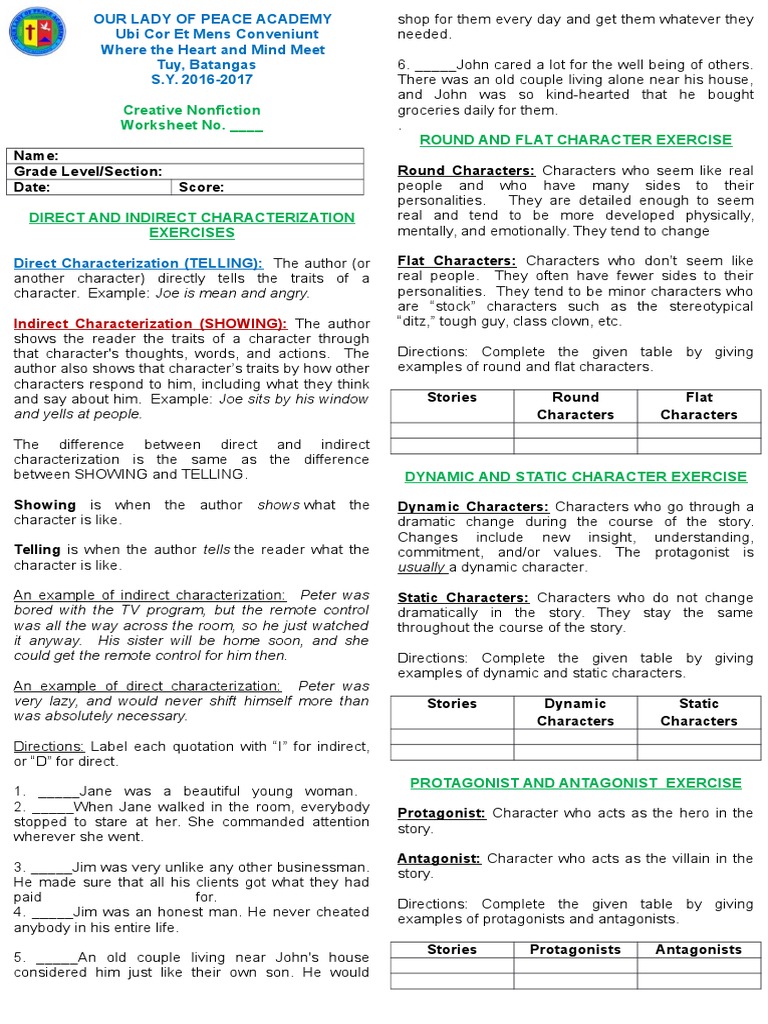 Characterization Worksheet 25b  PDF Intended For Direct And Indirect Characterization Worksheet