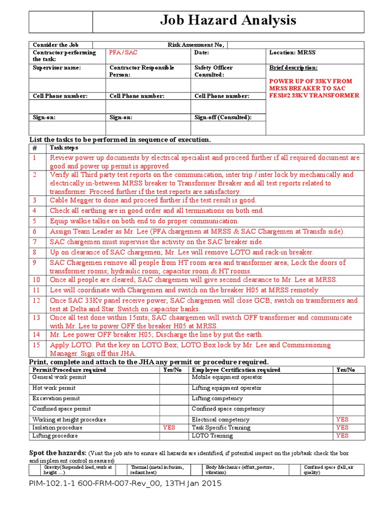 Job Hazard Analysis for 33kV Power Up | PDF | Personal Protective ...