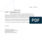 Plant Manager, Dakhni Gas Processing Plant. Subject: - Resignation Letter
