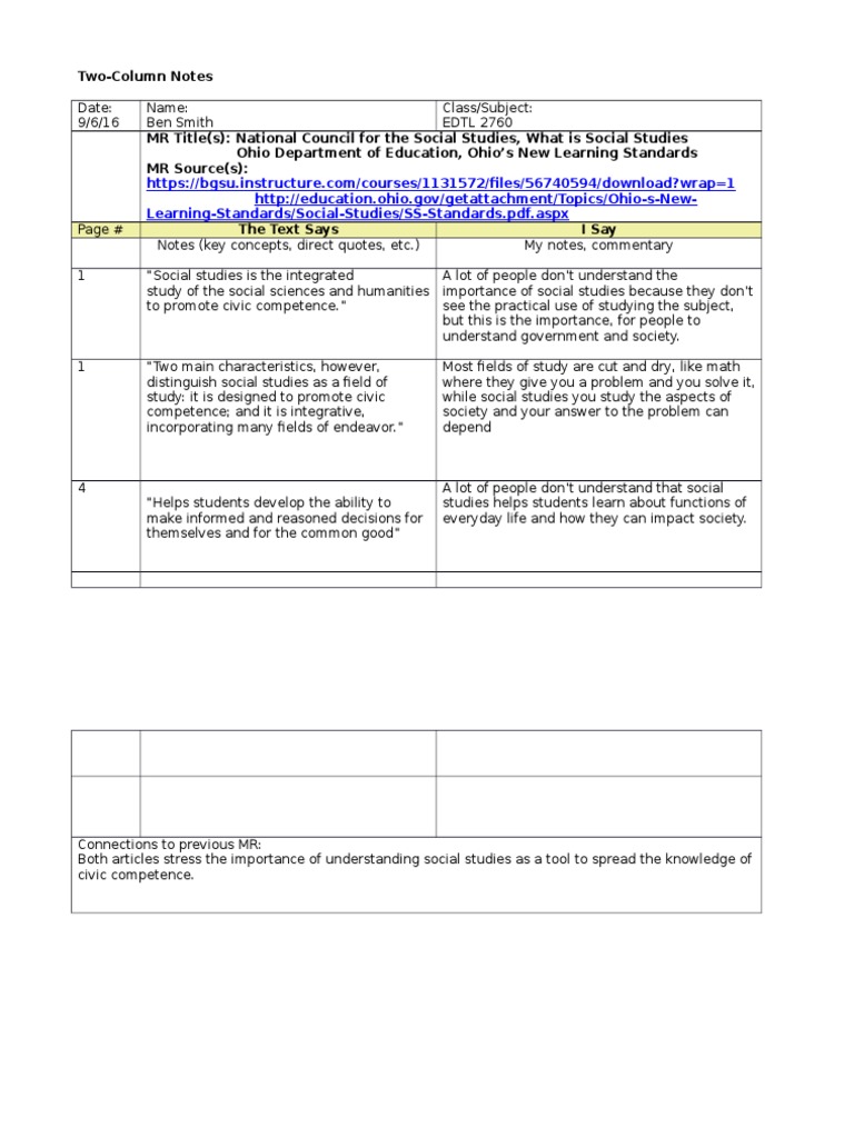 TwoColumn Notes LearningStandards/SocialStudies/SSStandards Pdf