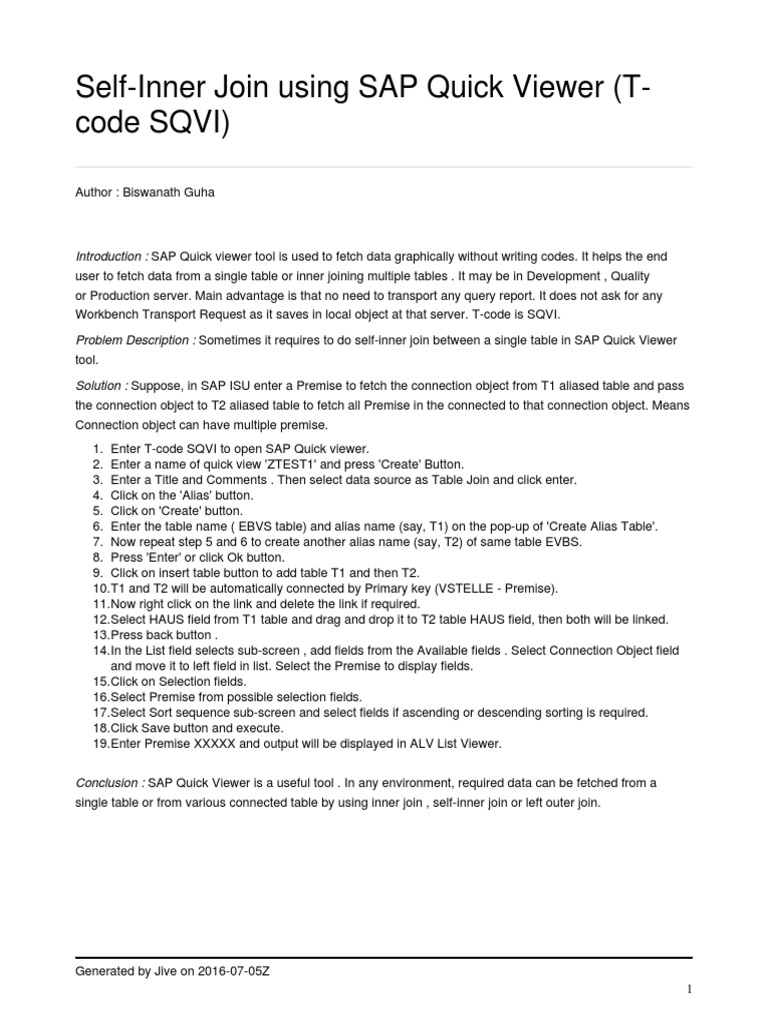 SelfInner Join Using SAP Quick Viewer (Tcode SQVI) PDF System Software Information Science