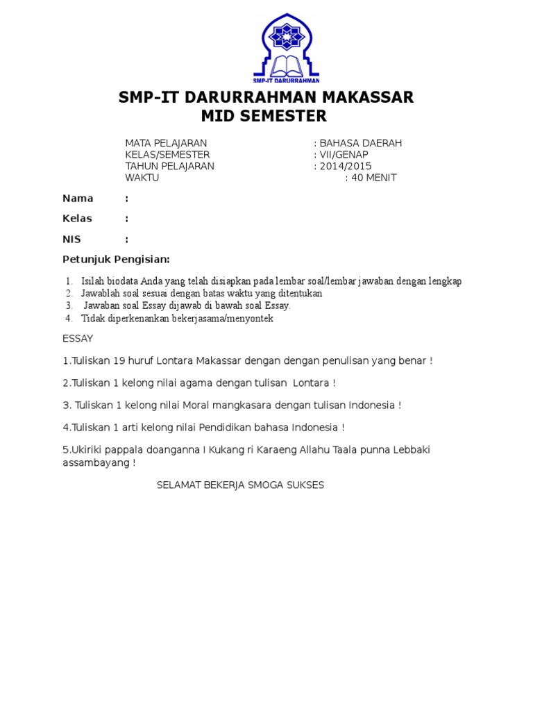 Soal Bahasa Daerah Mid Kls Vii