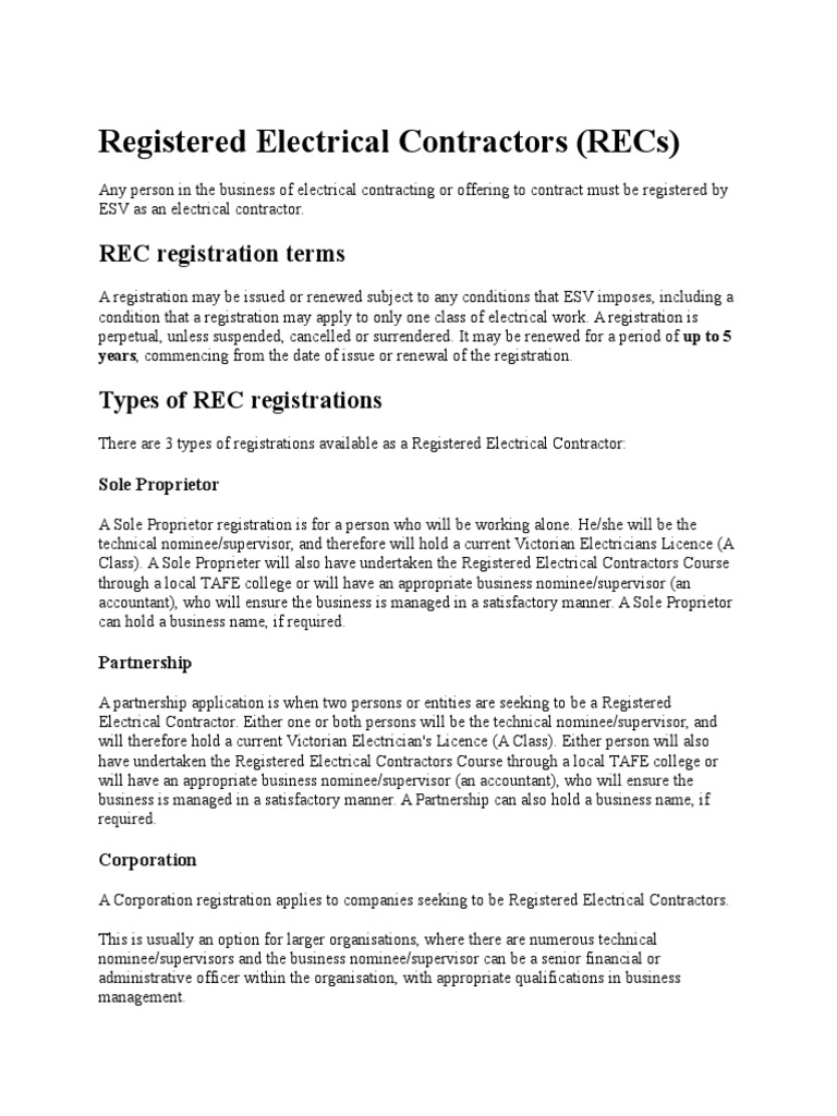 Registered Electrical Contractor Guide | PDF | Electrician | Sole ...