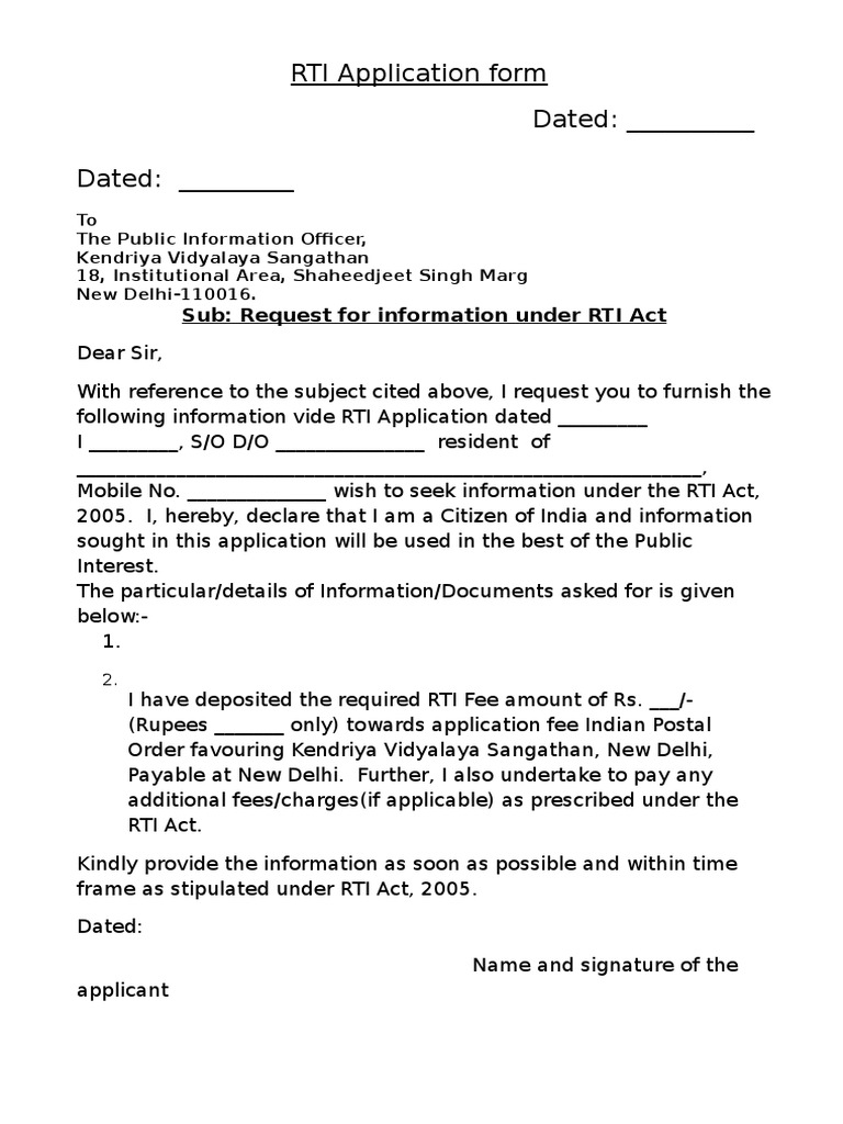 RTI Application Form Dated: - Dated: - : Sub: Request For Information ...
