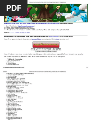 Pokemon Heart Gold and Soul Silver [USA] Action Replay Official Code List