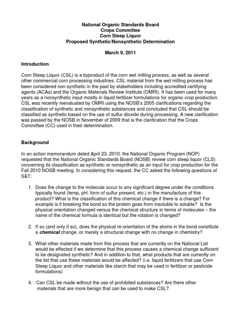 Corn Steep Liquor Committee Rec 2011 PDF PDF Chemical Substances