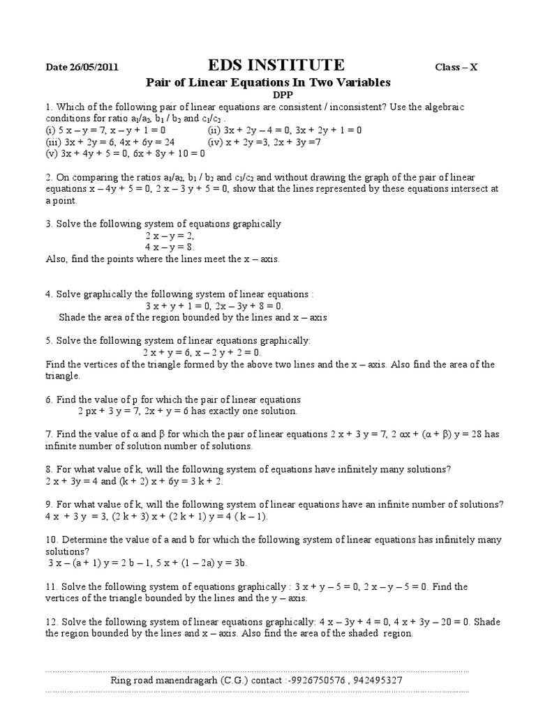 Eds Institute Pair Of Linear Equations In Two Variables System Of Linear Equations Equations
