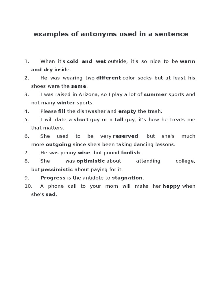 Examples Of Antonyms Used In A Sentence Pdf Sports