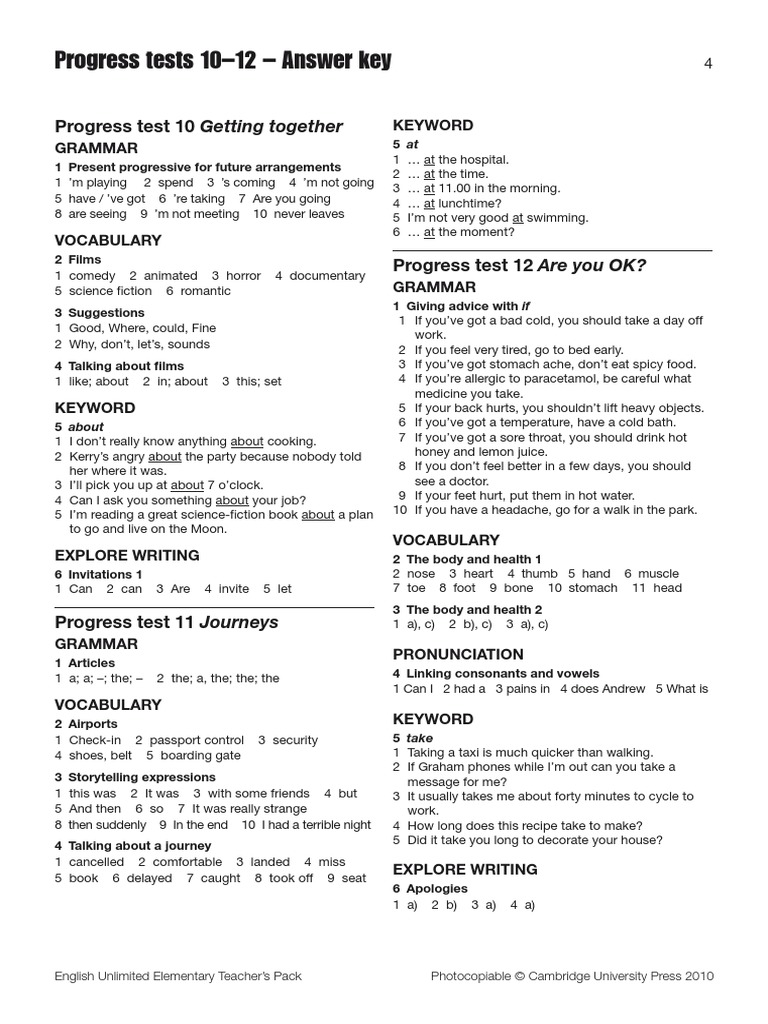 Progress Tests 10-12 - Answer Key: Progress Test 10 Getting Together | PDF