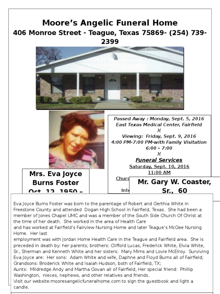 Moore's Angelic Funeral Home 406 Monroe Street Teague, Texas 75869 (254) 739 2399 PDF