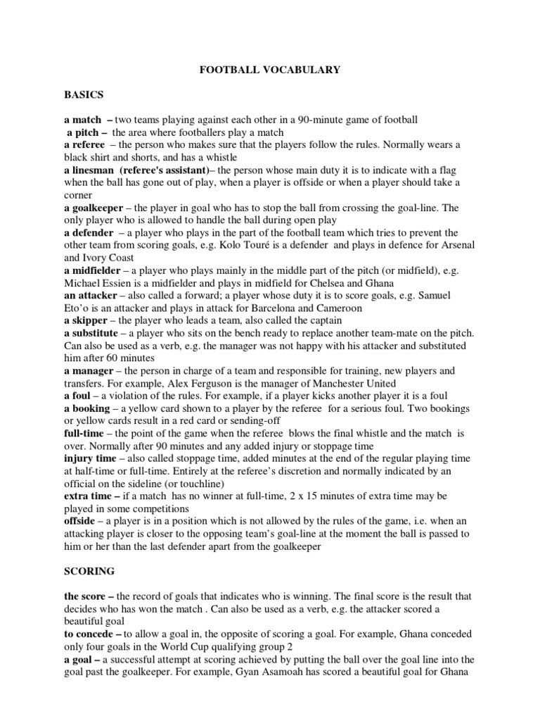 Football Vocabulary Essentials | PDF | Association Football ...