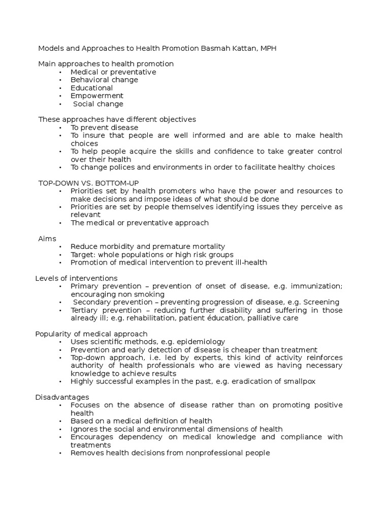 Health Promotion Approaches Explained | PDF | Empowerment | Preventive ...