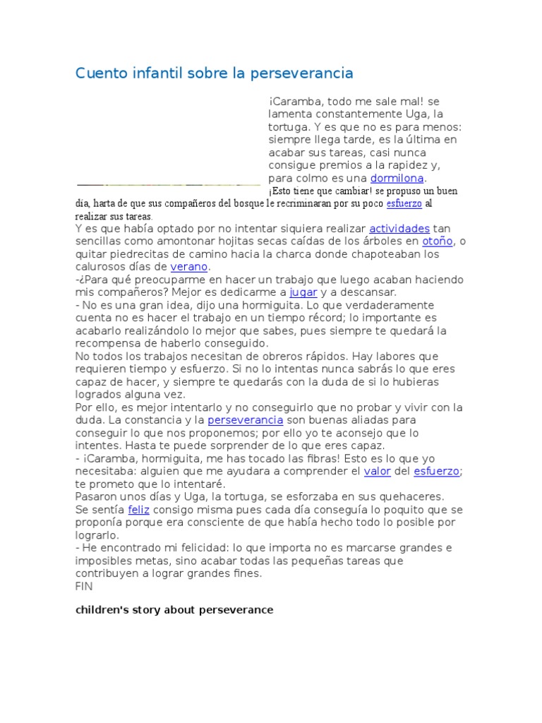 Cuento infantil sobre la perseverancia | PDF | Artes del Lenguaje y ...