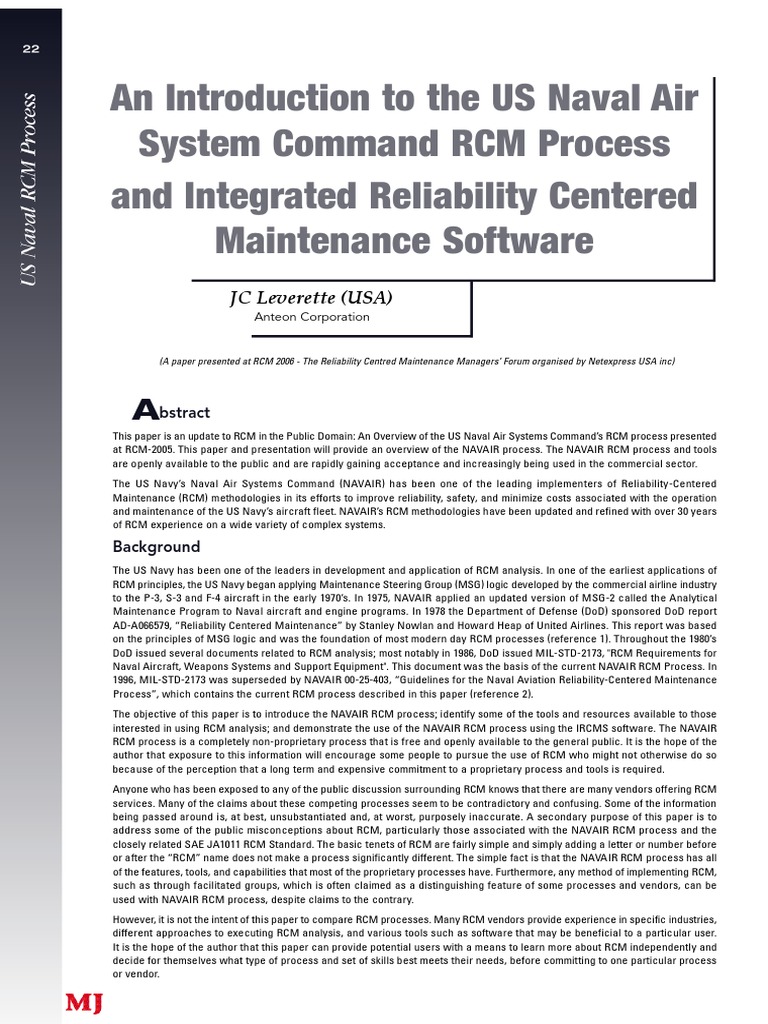 An Introduction To The US Naval Air System Command RCM Process and Integrated Reliability